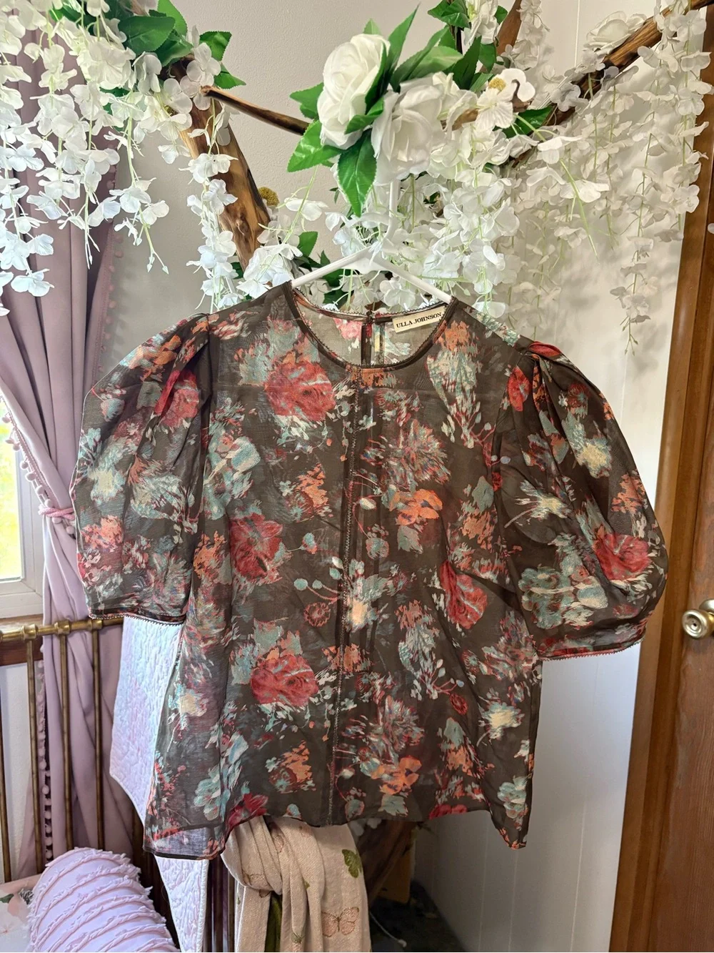 Ulla Johnson Lise Brown Floral Puff-Sleeve Blouse in Fern